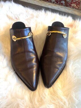 Women Tibi western mules sz 39 golden bar pointy toe ( 15) chocolate brown - 450